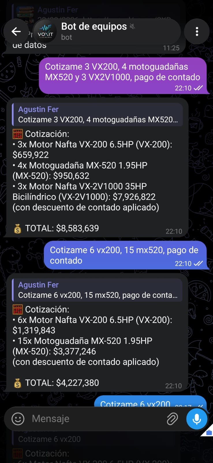 Bot de VOXIT cotizando por chat