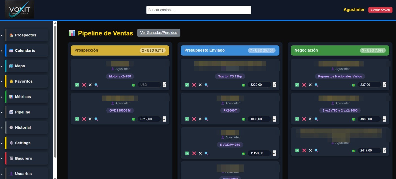 Pipeline visual de VOXIT CRM