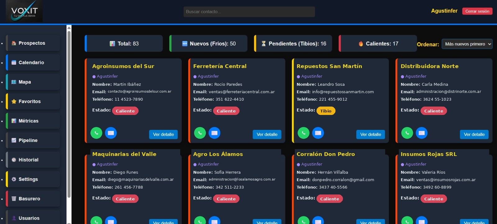 Vista de prospectos en VOXIT CRM